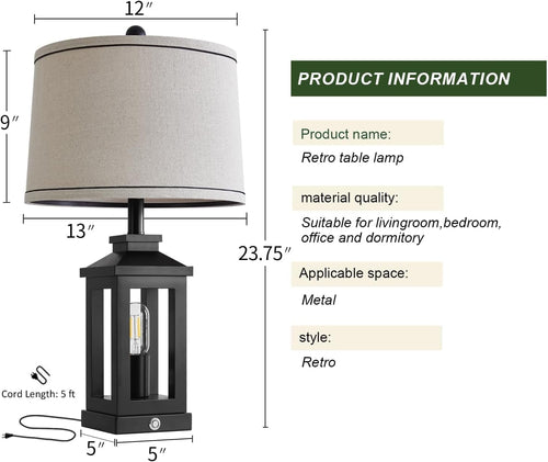 Retro Black Table Lamps Touch Control, USB, Vintage Set