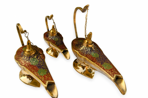 Set of 3 Aladdin-Style Brass Lamps – Enamel Decor-d01